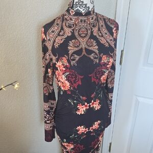 VENUS Black Long-Sleeve Floral Paisley Bodycon Dress